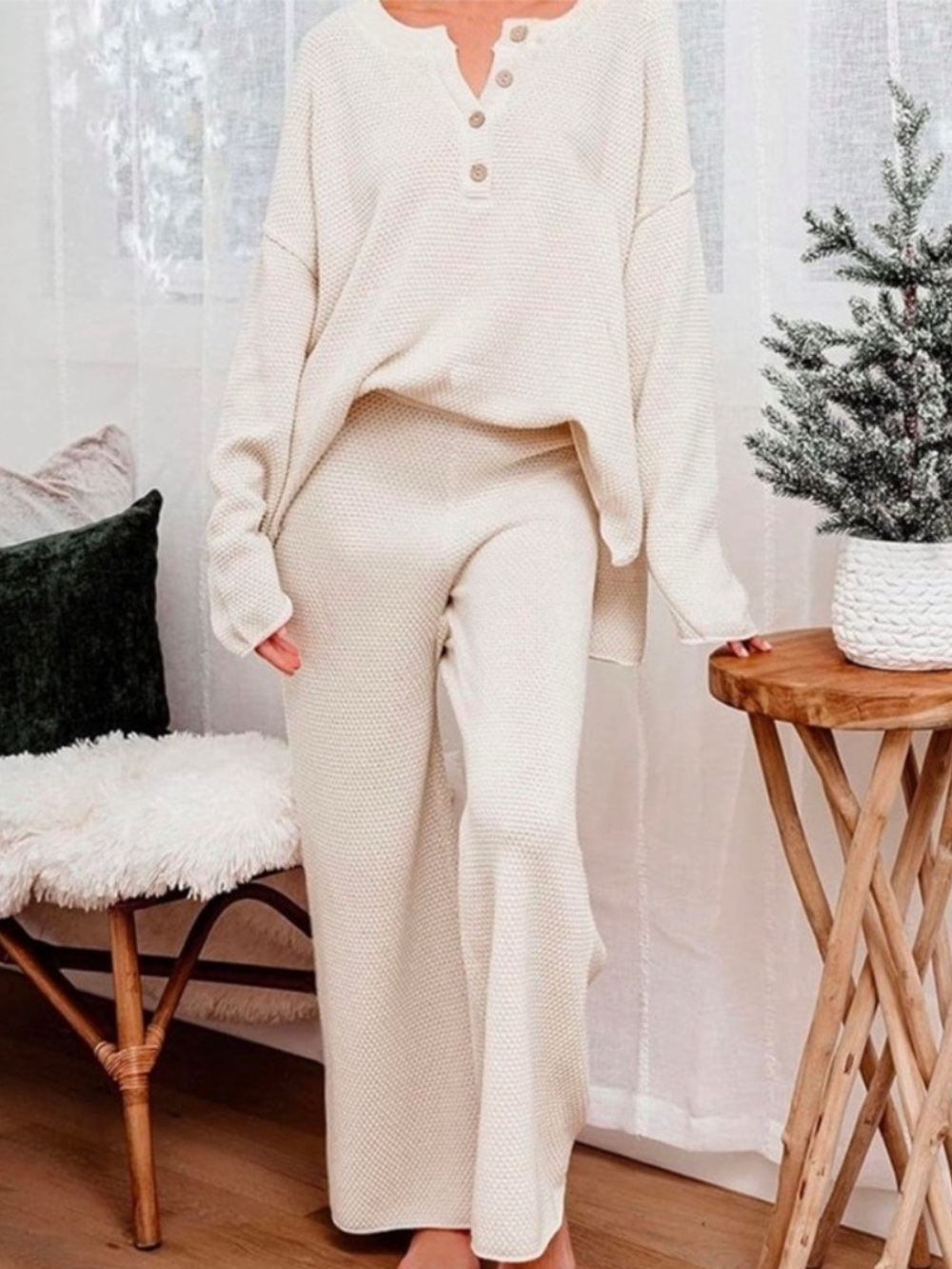 Sincerly Jules Waffle Knit Quarter Button Top & Wide Leg Pant Set